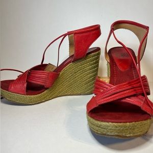 Gianni Bini Womens Shoes Red Leather Lace Up Sandals Espadrille Wedge Size 10M